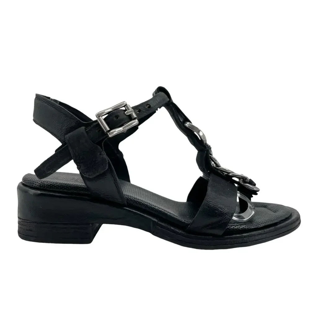 A.S.98 Black Leather Silver Chains Strappy Heeled Sandals Edgy Boho Size 39 - Picture 7 of 11